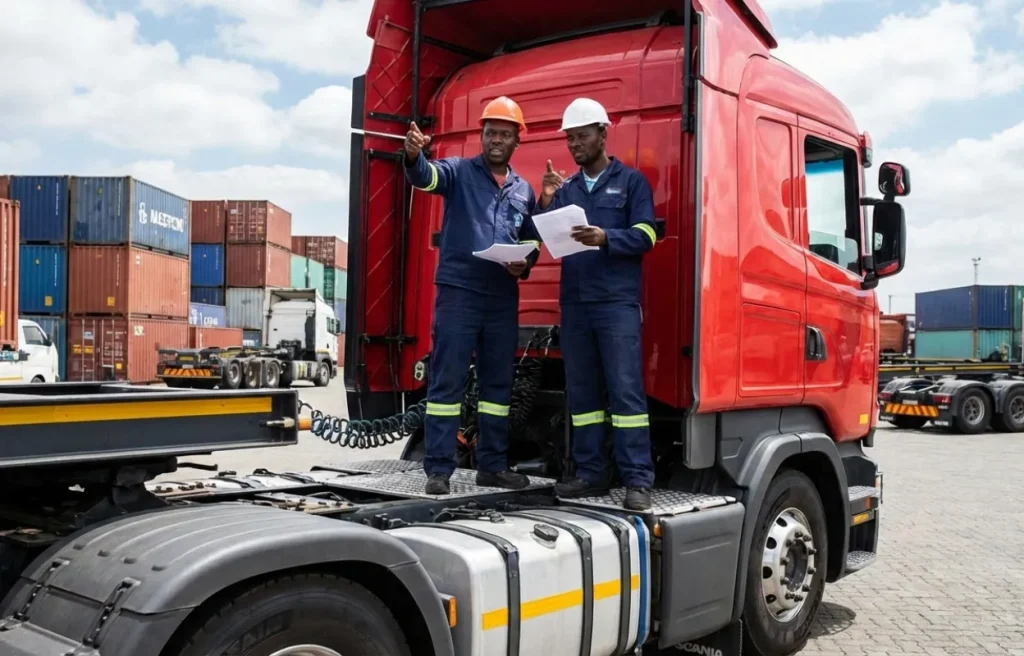 men inspecting a used truck